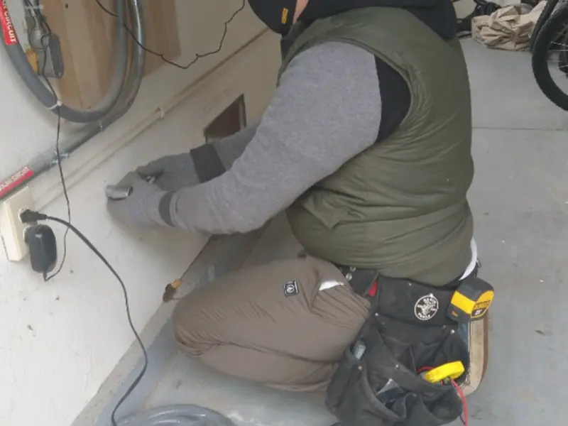 Electrician performing outlet wiring in a Bonney Lake garage